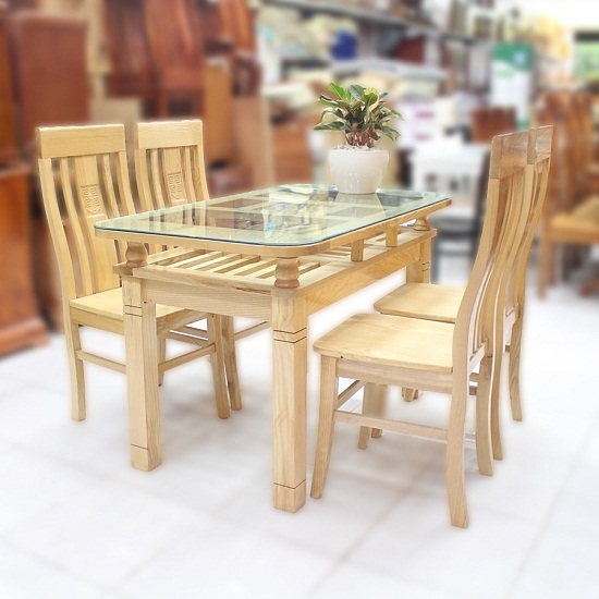 BỘ BÀN ĂN GỖ SỒI NGA 4 GHẾ MÀU TỰ NHIÊN HẢI PHÒNG